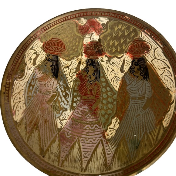 Other - Vintage Brass Tray Hand Painted Indian-Three Women 5‎ Inches